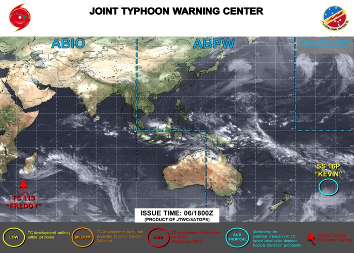 JTWC IS ISSUING 12HOURLY WARNINGS AND 3HOURLY SATELLITE BULLETINS ON TC 11S(FREDDY). 3HOURLY SATELLITE BULLETINS ARE ISSUED ON SUBTROPICAL STORM 16P(KEVIN).