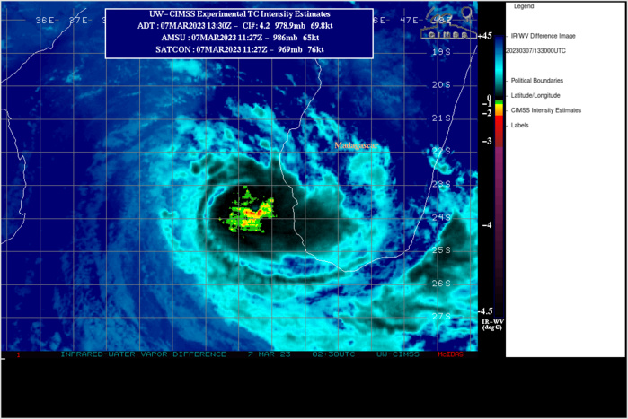 SATELLITE ANALYSIS, INITIAL POSITION AND INTENSITY DISCUSSION: ANIMATED ENHANCED INFRARED (EIR) SATELLITE IMAGERY DEPICTS A RECENTLY CONSOLIDATED TYPHOON STRENGTH TROPICAL CYCLONE WITH A 6NM NASCENT EYE AND TIGHT BANDING FEATURES IN ALL QUADRANTS. A 071017Z GMI 89GHZ COLOR COMPOSITE MICROWAVE IMAGE REVEALS A NEARLY CLOSED EYE FEATURE, A PROMINENT DEEP CONVECTIVE BANDING FEATURE TO THE EAST AND AN EXPOSED WESTERN SEMICIRCLE WHICH IS REVEALING TIGHTLY WRAPPING LOW LEVEL CLOUD LINES BENEATH. THE INITIAL POSITION IS PLACED WITH HIGH CONFIDENCE BASED ON EIR AND SSMIS IMAGERY. THE INITIAL INTENSITY OF 85 KTS IS ASSESSED WITH MEDIUM CONFIDENCE BASED ON PGTW AND KNES DVORAK INTENSITY ESTIMATES REACTING TO THE RECENTLY DEVELOPED EYE FEATURE WHILE FMEE AND CIMMS AUTOMATED ESTIMATES REMAIN BEHIND THE TIMES. HAVING SHOWN RELIABILITY IN DATA SPARSE ENVIRONMENTS SUCH AS THIS, CIMMS DEEP MICRONET (DMN) AND OPEN-AIR USE OTHER AVAILABLE SATELLITE IMAGERY TO ASSESS TC INTENSITY. BOTH AFOREMENTIONED CIMMS PRODUCTS ASSESS THE INTENSITY NEAR THE JTWC INITIAL FORECAST INTENSITY. FOR THESE REASONS THE JTWC FORECAST INTENSITY IS PLACED WITH MEDIUM CONFIDENCE.