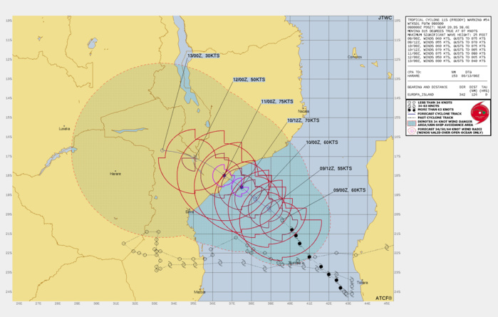 FORECAST REASONING.  SIGNIFICANT FORECAST CHANGES: INTENSITIES ON EARLIER POSITIONS HAVE BEEN LOWERED SIGNIFICANTLY, THUS THE FORECAST INTENSITY HAS BEEN ADJUSTED 30 KNOTS LOWER.   FORECAST DISCUSSION: TC FREDDY IS EXPECTED TO CONTINUE SLOWLY TRACKING NORTHWESTWARD ALONG THE NORTHEASTERN SIDE OF THE STEERING RIDGE THROUGH THE NEXT 48 HOURS. THE SYSTEM WILL MAINTAIN A TRACK SPEED OF ROUGHLY FIVE KNOTS THROUGH LANDFALL, AS THE NER TO THE NORTHEAST COMPETES FOR DOMINANCE IN THE STEERING FLOW. TC FREDDY IS EXPECTED TO MAKE LANDFALL ALONG THE COAST OF MOZAMBIQUE AROUND TAU 48 BEFORE MOVING SLOWLY INLAND AND DISSIPATING. IN THE NEAR-TERM, SOUTHERLY MID-LEVEL SHEAR AND CONTINUED DRY AIR INTRUSION WILL KEEP A LID ON INTENSIFICATION AND IT IS LIKELY TO EVEN WEAKEN A BIT MORE OVER THE FIRST 12 HOURS OF THE FORECAST. AFTER TAU 24 HOWEVER, CONDITIONS ARE EXPECTED TO IMPROVE, WITH THE ATMOSPHERE MOISTENING UP AND THE MID-LEVEL SHEAR DROPPING OFF TO MORE REASONABLE AND SUPPORTIVE LEVELS. AT THE SAME TIME THE SYSTEM WILL BEGIN MOVING OVER AN AREA OF ENHANCED OCEAN HEAT CONTENT (OHC) WHICH LIES JUST OFFSHORE OF MOZAMBIQUE. THE ONLY CAP ON INTENSIFICATION WILL BE THE RELATIVELY LIMITED OUTFLOW, WITH DEVELOPMENT OF A POLEWARD OR EQUATORWARD CHANNEL NOT EXPECTED. THE SYSTEM IS EXPECTED TO REACH PEAK INTENSITY OF 75 KNOTS IMMEDIATELY PRIOR TO LANDFALL. ONCE ASHORE, THE SYSTEM WILL RAPIDLY WEAKEN AND DISSIPATION BELOW WARNING CRITERIA IS EXPECTED BY TAU 96.