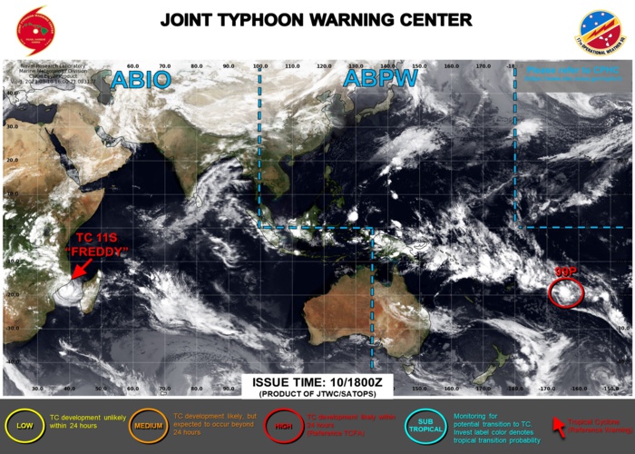 JTWC IS ISSUING 12HOURLY WARNINGS AND 3HOURLY SATELLITE BULLETINS ON TC 11S(FREDDY). 3HOURLY SATELLITE BULLETINS ARE ISSUED ON INVEST 99P.