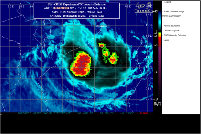 SATELLITE ANALYSIS, INITIAL POSITION AND INTENSITY DISCUSSION: ANIMATED MULTISPECTRAL SATELLITE IMAGERY (MSI) DEPICTS FRAGMENTED BANDING CIRCLING A MASS OF CONVECTION BLOOMING OVER AN ASSESSED LOW LEVEL CIRCULATION CENTER (LLCC). A BULLSEYE 100711Z ASCAT-B PASS HAS REVEALED THE 35 KNOT WIND FIELD HAS DECREASED IN DIAMETER OVER THE PAST 12 HOURS AS TC FREDDY MAKES ITS APPROACH TO SHORE. TC FREDDY IS IN A MARGINALLY FAVORABLE ENVIRONMENT FOR FURTHER TROPICAL DEVELOPMENT. THESE CONDITIONS ARE CHARACTERIZED BY LOW (05-10 KTS) VERTICAL WIND SHEAR (VWS), A HEALTHY 850 MB VORTICITY SIGNATURE, AND VERY WARM (27-28 C) SEA SURFACE TEMPERATURES (SST), OFFSET BY THE LACK OF UPPER-LEVEL OUTFLOW. THE INITIAL POSITION IS PLACED WITH MEDIUM CONFIDENCE BASED ON THE AFOREMENTIONED MSI AND MULTI-AGENCY FIXES. THE INITIAL INTENSITY OF 65 KTS IS ASSESSED WITH MEDIUM CONFIDENCE BASED OFF A BLEND OF MULTI-AGENCY AND AUTOMATED DVORAK ESTIMATES.