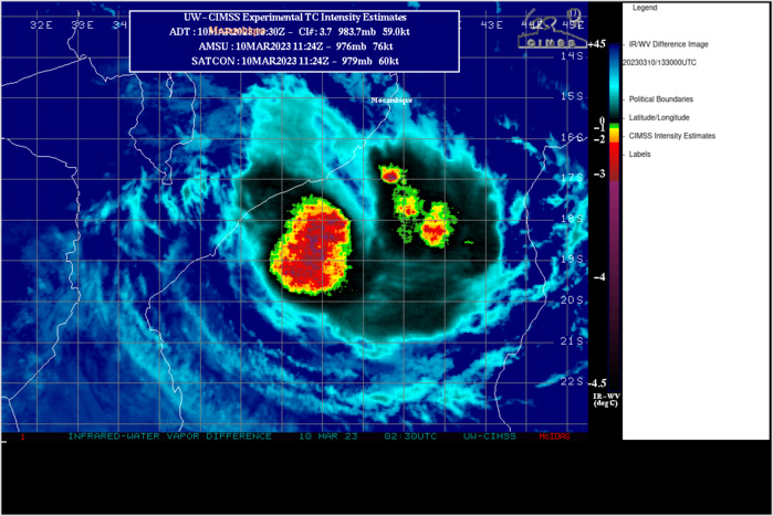 SATELLITE ANALYSIS, INITIAL POSITION AND INTENSITY DISCUSSION: ANIMATED MULTISPECTRAL SATELLITE IMAGERY (MSI) DEPICTS FRAGMENTED BANDING CIRCLING A MASS OF CONVECTION BLOOMING OVER AN ASSESSED LOW LEVEL CIRCULATION CENTER (LLCC). A BULLSEYE 100711Z ASCAT-B PASS HAS REVEALED THE 35 KNOT WIND FIELD HAS DECREASED IN DIAMETER OVER THE PAST 12 HOURS AS TC FREDDY MAKES ITS APPROACH TO SHORE. TC FREDDY IS IN A MARGINALLY FAVORABLE ENVIRONMENT FOR FURTHER TROPICAL DEVELOPMENT. THESE CONDITIONS ARE CHARACTERIZED BY LOW (05-10 KTS) VERTICAL WIND SHEAR (VWS), A HEALTHY 850 MB VORTICITY SIGNATURE, AND VERY WARM (27-28 C) SEA SURFACE TEMPERATURES (SST), OFFSET BY THE LACK OF UPPER-LEVEL OUTFLOW. THE INITIAL POSITION IS PLACED WITH MEDIUM CONFIDENCE BASED ON THE AFOREMENTIONED MSI AND MULTI-AGENCY FIXES. THE INITIAL INTENSITY OF 65 KTS IS ASSESSED WITH MEDIUM CONFIDENCE BASED OFF A BLEND OF MULTI-AGENCY AND AUTOMATED DVORAK ESTIMATES. SATELLITE ANALYSIS, INITIAL POSITION AND INTENSITY DISCUSSION: ANIMATED MULTISPECTRAL SATELLITE IMAGERY (MSI) DEPICTS FRAGMENTED BANDING CIRCLING A MASS OF CONVECTION BLOOMING OVER AN ASSESSED LOW LEVEL CIRCULATION CENTER (LLCC). A BULLSEYE 100711Z ASCAT-B PASS HAS REVEALED THE 35 KNOT WIND FIELD HAS DECREASED IN DIAMETER OVER THE PAST 12 HOURS AS TC FREDDY MAKES ITS APPROACH TO SHORE. TC FREDDY IS IN A MARGINALLY FAVORABLE ENVIRONMENT FOR FURTHER TROPICAL DEVELOPMENT. THESE CONDITIONS ARE CHARACTERIZED BY LOW (05-10 KTS) VERTICAL WIND SHEAR (VWS), A HEALTHY 850 MB VORTICITY SIGNATURE, AND VERY WARM (27-28 C) SEA SURFACE TEMPERATURES (SST), OFFSET BY THE LACK OF UPPER-LEVEL OUTFLOW. THE INITIAL POSITION IS PLACED WITH MEDIUM CONFIDENCE BASED ON THE AFOREMENTIONED MSI AND MULTI-AGENCY FIXES. THE INITIAL INTENSITY OF 65 KTS IS ASSESSED WITH MEDIUM CONFIDENCE BASED OFF A BLEND OF MULTI-AGENCY AND AUTOMATED DVORAK ESTIMATES.