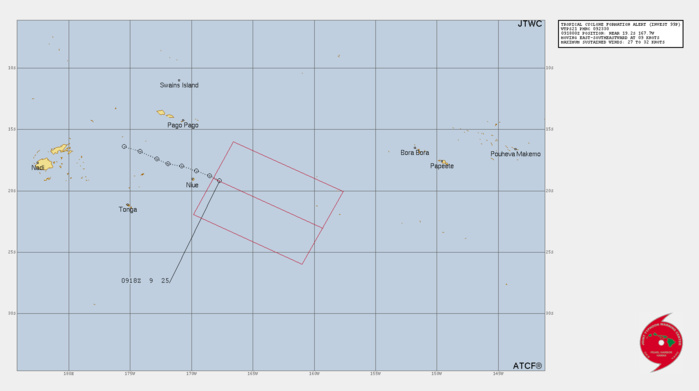 THE AREA OF CONVECTION (INVEST 99P) PREVIOUSLY LOCATED NEAR  19.2S 168.8W IS NOW LOCATED NEAR 19.4S 167.1W, APPROXIMATELY 161 NM EAST  OF NIUE. ANIMATED MULTISPECTRAL SATELLITE IMAGERY (MSI) AND A 0100041Z  AMSR2 GW1 89GHZ MICROWAVE IMAGE REVEALS A FULLY OBSCURED LLC WITH  BUILDING CONVECTION OVERHEAD AND TO THE SOUTH. A PARTIAL 092103Z ASCAT-B  PASS REVEALED A LARGE SWATH OF 15-20 KNOT WIND FIELDS ALONG THE WESTERN  EDGES AND SMALLER FIELDS OF 25-30 KNOTS NEAR THE LLCC. INVEST 99P  CONTINUES TO BE DEEPLY EMBEDDED WITHIN THE SPCZ, AND ENVIRONMENTAL  CONDITIONS ARE FAVORABLE WITH WARM (27-28C) SEA SURFACE TEMPERATURES,  EXCELLENT UPPER LEVEL POLEWARD OUTFLOW AND LOW (05-10KT) VWS. GLOBAL  MODELS ARE IN GENERAL AGREEMENT THAT 99P WILL GRADUALLY DEVELOP AND  TRACK SOUTHEASTWARD INTO A TROPICAL CYCLONE OVER THE NEXT 12 TO 24  HOURS. MAXIMUM SUSTAINED SURFACE WINDS ARE ESTIMATED AT 27 TO 32 KNOTS.  MINIMUM SEA LEVEL PRESSURE IS ESTIMATED TO BE NEAR 1001 MB. THE  POTENTIAL FOR THE DEVELOPMENT OF A SIGNIFICANT TROPICAL CYCLONE WITHIN  THE NEXT 24 HOURS IS HIGH.