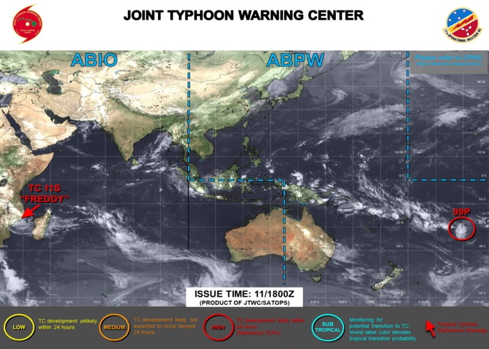 JTWC IS ISSUING 12HOURLY WARNINGS AND 3HOURLY SATELLITE BULLETINS ON TC 11S(FREDDY). 3HOURLY SATELLITE BULLETINS ARE ISSUED ON INVEST 99P.