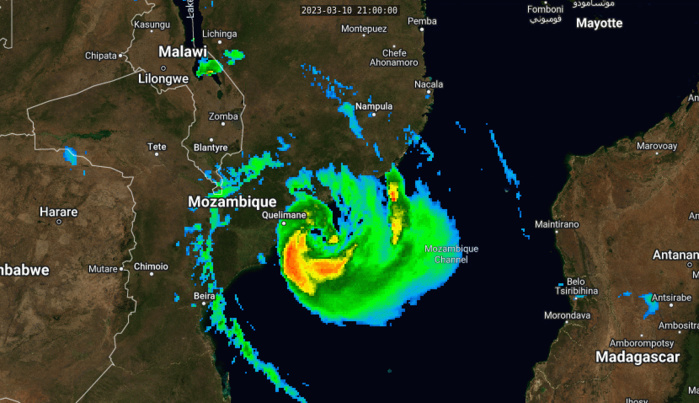 SATELLITE ANALYSIS, INITIAL POSITION AND INTENSITY DISCUSSION: ANIMATED MULTISPECTRAL SATELLITE IMAGERY (MSI) SHOWS THE SYSTEM FURTHER INTENSIFIED AS EVIDENCED BY THE CENTRAL CONVECTION THAT HAS BECOME MORE DENSE AND COMPACT WHILE MAINTAINING A SYMMETRICAL STRUCTURE, TIGHTLY WRAPPED FEEDER BANDS, AND A WELL-DEFINED PINHOLE EYE AS IT IS ABOUT TO MAKE ITS SECONDARY LANDFALL INTO MOZAMBIQUE NEAR QUELIMANE. THE INITIAL POSITION IS PLACED WITH HIGH CONFIDENCE BASED ON THE EYE. THE INITIAL INTENSITY IS ASSESSED BASED ON THE AVERAGE OF AGENCY AND AUTOMATED DVORAK ESTIMATES. ANALYSIS INDICATES THE ENVIRONMENT IS FAVORABLE WITH LOW VWS, WARM SST, AND MODERATE RADIAL OUTFLOW.