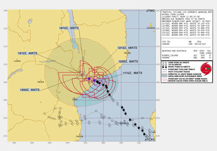 FORECAST REASONING.  SIGNIFICANT FORECAST CHANGES: THERE ARE NO SIGNIFICANT CHANGES TO THE FORECAST FROM THE PREVIOUS WARNING.  FORECAST DISCUSSION: TC FREDDY WILL CONTINUE NORTHWESTWARD UNDER THE STEERING STR, IMMEDIATELY MAKE LANDFALL AND TRACK TOWARD MALAWI BUT WILL MAKE A CLOCKWISE U-TURN BY TAU 48 NEAR THE BORDER. LAND INTERACTION WITH THE RUGGED TERRAIN WILL PRIMARILY CAUSE THE RAPID EROSION LEADING TO DISSIPATION BY TAU 72 AFTER IT MAKES A U-TURN IN THE GENERAL DIRECTION BACK TOWARD THE MOZAMBIQUE CHANNEL.