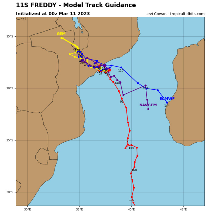 CAT 2 US 11S(FREDDY)immediate landfall near Quelimane tracking toward MALAWI forecast clockwise u-turn by 48h//Invest 99P: TCFA re-issued//1115utc 