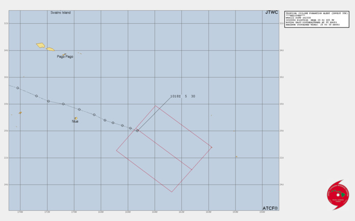 THE AREA OF CONVECTION (INVEST 99P) PREVIOUSLY LOCATED NEAR  19.4S 167.1W IS NOW LOCATED NEAR 20.7S 164.6W, APPROXIMATELY 307 NM  EAST-SOUTHEAST OF NIUE. ANIMATED MULTISPECTRAL IMAGERY  DEPICTS A BROAD LOW-LEVEL CIRCULATION (LLC) PARTIALLY OBSCURED BY DEEP  CONVECTION IN THE EASTERN SEMICIRCLE. AN 110432Z SSMIS 91GHZ IMAGE  REVEALS FORMATIVE BANDING WRAPPING INTO THE EASTERN QUADRANT OF THE LLC.  A 102043Z ASCAT-B BULLSEYE PASS REVEALS AN ELONGATED CIRCULATION WITH A  SWATH OF 25 TO 30 KNOT WINDS IN THE NORTHERN QUADRANT ASSOCIATED WITH  THE FORMATIVE BANDING. INVEST 99P IS CURRENTLY EMBEDDED IN THE SPCZ AND  IN A FAVORABLE ENVIRONMENT CHARACTERIZED BY LOW (5-10KT) VWS AND WARM  (27-29C) SST. GLOBAL MODELS ARE IN GOOD AGREEMENT THAT 99P WILL DEVELOP  GRADUALLY AS IT TRACKS EAST-SOUTHEASTWARD OVER THE NEXT 24-48 HOURS.  MAXIMUM SUSTAINED SURFACE WINDS ARE ESTIMATED AT 25 TO 30 KNOTS. MINIMUM  SEA LEVEL PRESSURE IS ESTIMATED TO BE NEAR 1000 MB. THE POTENTIAL FOR  THE DEVELOPMENT OF A SIGNIFICANT TROPICAL CYCLONE WITHIN THE NEXT 24  HOURS REMAINS HIGH.