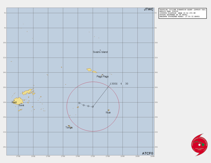 THE AREA OF CONVECTION (INVEST 91P) PREVIOUSLY LOCATED NEAR  18.6S 173.1W IS NOW LOCATED NEAR 18.7S 171.6W, APPROXIMATELY 270 NM  SOUTH OF PAGO PAGO, AMERICAN SAMOA. ANIMATED MULTISPECTRAL SATELLITE  IMAGERY SHOWS A COMPACT SYSTEM WITH DEEP FLARING CENTRAL CONVECTION  EMBEDDED IN THE SOUTH PACIFIC CONVERGENCE ZONE. THE SYSTEM IS  CURRENTLY IN A FAVORABLE ENVIRONMENT WITH NEAR RADIAL OUTFLOW ALOFT,  LOW (5-10KT) VWS, AND WARM (28-29C) SST. GLOBAL MODELS ARE IN  AGREEMENT THAT INVEST 91P WILL CONTINUE TO TRACK EAST-SOUTHEASTWARD AS  IT GRADUALLY DEVELOPS OVER THE NEXT 24-48 HOURS. MAXIMUM SUSTAINED  SURFACE WINDS ARE ESTIMATED AT 27 TO 32 KNOTS. MINIMUM SEA LEVEL  PRESSURE IS ESTIMATED TO BE NEAR 1004 MB. THE POTENTIAL FOR THE  DEVELOPMENT OF A SIGNIFICANT TROPICAL CYCLONE WITHIN THE NEXT 24 HOURS  REMAINS HIGH.