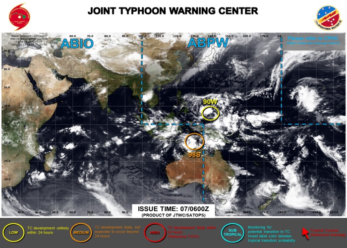 JTWC IS ISSUING 3HOURLY SATELLITE BULLETINS ON INVEST 90W AND INVEST 98S.