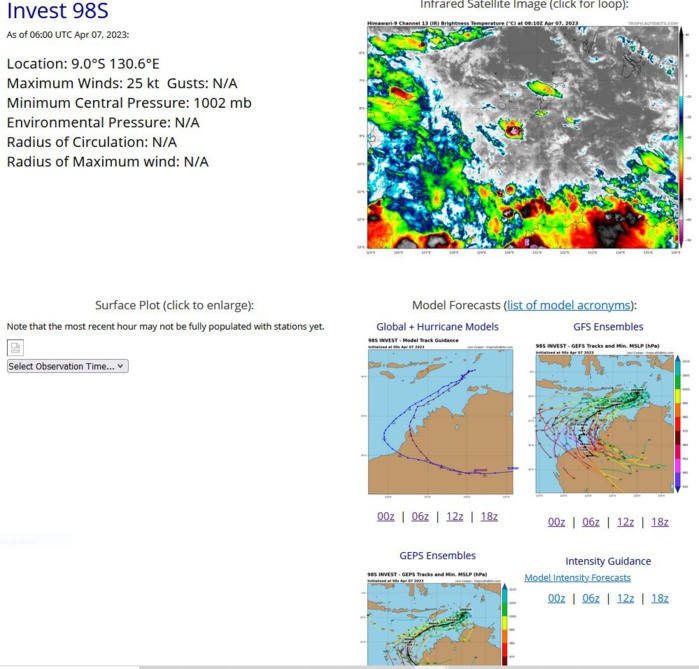 THE AREA OF CONVECTION (INVEST 98S) PREVIOUSLY LOCATED NEAR 8.0S  132.9E IS NOW LOCATED NEAR 8.8S 131.1E, APPROXIMATELY 221 NM NORTH OF  DARWIN, AUSTRALIA. ANIMATED MULTISPECTRAL SATELLITE IMAGERY AND A 062111Z  91GHZ SSMIS MICROWAVE PASS SHOWS A PERSISTENT CURVED BAND OF CONVECTION  DISPLACED TO THE SOUTHWEST OF A PARTIALLY EXPOSED LOW LEVEL CIRCULATION  CENTER THAT HAS BECOME BETTER ORGANIZED AND REMAINS CLOSE TO THE BAND OF  DEEP CONVECTION. RECENT SCATTEROMETRY DATA SHOWS SMALL AREAS OF 25-30KT  WINDS TO THE SOUTH AND WEST OF THE LLCC. ENVIRONMENTAL ANALYSIS REVEALS  MARGINALLY FAVORABLE CONDITIONS FOR INTENSIFICATION DUE TO HIGH (20-25KT)  VWS, OFFSET BY VERY WARM (30-31C) SST AND GOOD POLEWARD OUTFLOW.  ADDITIONALLY, THE INVEST IS CURRENTLY IN A REGION THAT HAS SUPPORT FROM A  WEAK MJO SIGNAL. MODELS ARE IN GENERAL AGREEMENT THAT 98S WILL CONTINUE ON  A SOUTHWESTWARD TRACK AND INTENSIFY OUTSIDE 96 HOURS. MAXIMUM SUSTAINED  SURFACE WINDS ARE ESTIMATED AT 25 TO 30 KNOTS. MINIMUM SEA LEVEL PRESSURE  IS ESTIMATED TO BE NEAR 1003 MB. THE POTENTIAL FOR THE DEVELOPMENT OF A  SIGNIFICANT TROPICAL CYCLONE WITHIN THE NEXT 24 HOURS IS UPGRADED TO  MEDIUM.