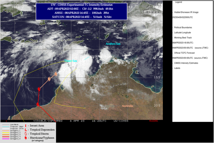 SATELLITE ANALYSIS, INITIAL POSITION AND INTENSITY DISCUSSION: ANIMATED MULTISPECTRAL SATELLITE IMAGERY (MSI) SHOWS A CONSOLIDATING  SYSTEM WITH EXPANSIVE SPIRAL BANDING FROM ALL QUADRANTS BEGINNING TO  TAKE SHAPE AND FEEDING INTO THE COLD DENSE OVERCAST THAT IS OBSCURING  THE LOW LEVEL CIRCULATION (LLC). THE INITIAL POSITION IS PLACED WITH  MEDIUM CONFIDENCE BASED ON EXTRAPOLATION FROM LOW CLOUD LINES  WRAPPING TOWARD THE LLC. THE INITIAL INTENSITY IS BASED WITH HIGH  CONFIDENCE FROM THE AUTOMATED DVORAK ESTIMATE AND CONSISTENT WITH THE  IMPROVEMENT IN THE EIR CONVECTIVE SIGNATURE OVER THE PAST SIX HOURS.  TC 18S IS IN A FAVORABLE ENVIRONMENT WITH LIGHT-MODERATE VWS, STRONG  POLEWARD OUTFLOW AND VERY WARM ALONG-TRACK SST. SATELLITE ANALYSIS, INITIAL POSITION AND INTENSITY DISCUSSION: ANIMATED MULTISPECTRAL SATELLITE IMAGERY (MSI) SHOWS A CONSOLIDATING  SYSTEM WITH EXPANSIVE SPIRAL BANDING FROM ALL QUADRANTS BEGINNING TO  TAKE SHAPE AND FEEDING INTO THE COLD DENSE OVERCAST THAT IS OBSCURING  THE LOW LEVEL CIRCULATION (LLC). THE INITIAL POSITION IS PLACED WITH  MEDIUM CONFIDENCE BASED ON EXTRAPOLATION FROM LOW CLOUD LINES  WRAPPING TOWARD THE LLC. THE INITIAL INTENSITY IS BASED WITH HIGH  CONFIDENCE FROM THE AUTOMATED DVORAK ESTIMATE AND CONSISTENT WITH THE  IMPROVEMENT IN THE EIR CONVECTIVE SIGNATURE OVER THE PAST SIX HOURS.  TC 18S IS IN A FAVORABLE ENVIRONMENT WITH LIGHT-MODERATE VWS, STRONG  POLEWARD OUTFLOW AND VERY WARM ALONG-TRACK SST.