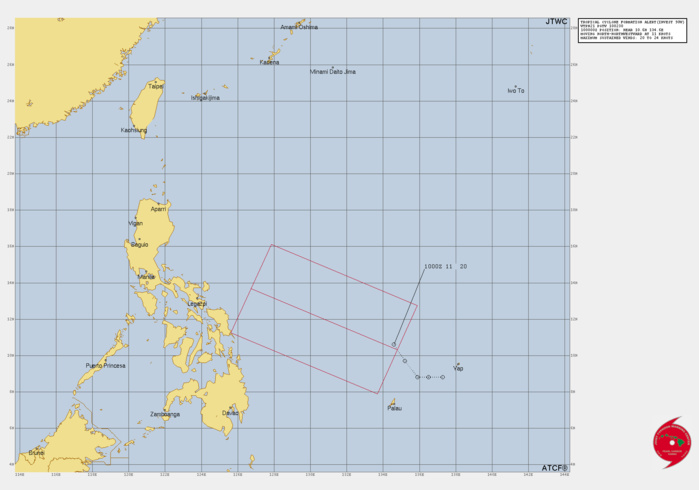 THE AREA OF CONVECTION (INVEST 90W) PREVIOUSLY LOCATED NEAR  9.2N 136.4E IS NOW LOCATED NEAR 10.6N 134.6E, APPROXIMATELY 656 NM EAST- SOUTHEAST OF LEGAZPI, PHILIPPINES. ANIMATED MULTISPECTRAL SATELLITE  IMAGERY DEPICTS A BROAD LOW-LEVEL CIRCULATION (LLC) WITH THE STRONGEST  CONVECTION TO THE NORTH OF THE LLC. A RECENT SURFACE OBSERVATIONS 041000Z  SHOWS WINDS COMING FROM THE EAST AT 20 KNOTS AND WITH A MEAN SEA LEVEL  PRESSURE 1004 MB. ENVIRONMENTAL ANALYSIS REVEALS FAVORABLE CONDITIONS FOR  DEVELOPMENT WITH MODERATE POLEWARD OUTFLOW ALOFT, LOW TO MODERATE  VERTICAL WIND SHEAR (15-20KTS), AND WARM (30-31C) SST. GLOBAL MODELS ARE  IN AGREEMENT THAT 90W WILL GRADUALLY DEVELOP AS IT TRACKS WEST- NORTHWESTWARD TOWARD THE PHILIPPINES. MAXIMUM SUSTAINED SURFACE WINDS ARE  ESTIMATED AT 20 TO 24 KNOTS. MINIMUM SEA LEVEL PRESSURE IS ESTIMATED TO  BE NEAR 1004 MB. THE POTENTIAL FOR THE DEVELOPMENT OF A SIGNIFICANT  TROPICAL CYCLONE WITHIN THE NEXT 24 HOURS IS UPGRADED TO HIGH.