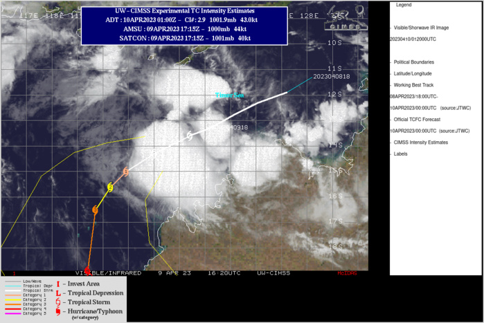 SATELLITE ANALYSIS, INITIAL POSITION AND INTENSITY DISCUSSION: ANIMATED MULTISPECTRAL SATELLITE IMAGERY (MSI) SHOWS A MEDIUM-SIZED SYSTEM WITH FLARING CENTRAL CONVECTION AND FRAGMENTED SPIRAL BANDING FEEDING IN FROM ALL QUADRANTS INTO THE COLD DENSE OVERCAST THAT IS OBSCURING THE LOW LEVEL CIRCULATION. THE INITIAL POSITION IS PLACED WITH MEDIUM CONFIDENCE BASED ON EXTRAPOLATION FROM NOTCH FEATURE IN THE 092213Z SSMIS 37GHZ MICROWAVE IMAGE. THE INITIAL INTENSITY IS BASED WITH MEDIUM CONFIDENCE FROM AN OVERALL ASSESSMENT OF AGENCY AND AUTOMATED DVORAK ESTIMATES AND CONSISTENT WITH THE IMPROVED CONVECTIVE SIGNATURE OVER THE PAST SIX HOURS. TC 18S IS IN A  FAVORABLE ENVIRONMENT WITH LIGHT VWS, STRONG POLEWARD OUTFLOW AND VERY WARM ALONG-TRACK SST.