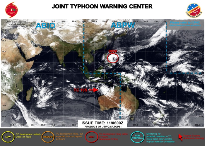 JTWC IS ISSUING 6HOURLY WARNINGS ON TC 18S. 3HOURLY SATELLITE BULLETINS ARE ISSUED ON TC 18S AND INVEST 90W. JTWC IS ISSUING 6HOURLY WARNINGS ON TC 18S. 3HOURLY SATELLITE BULLETINS ARE ISSUED ON TC 18S AND INVEST 90W.