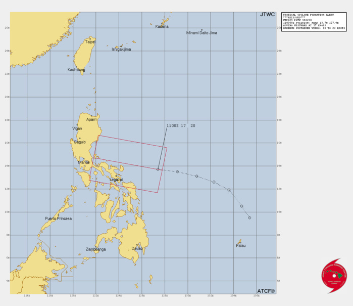 THE AREA OF CONVECTION (INVEST 90W) PREVIOUSLY LOCATED NEAR  13.7N 127.4E IS NOW LOCATED NEAR 12.9N 127.1E, APPROXIMATELY 197 NM  EAST OF LEGAZPI, PHILIPPINES. ANIMATED MULTISPECTRAL SATELLITE  IMAGERY (MSI) DEPICTS AN AREA OF CONVECTION WITH SIGNS OF WRAPPING IN  THE MID-TO-UPPER LEVELS OVER THE NORTHWESTERN EDGE OF AN ASSESSED  ELONGATED SURFACE TROUGH. UPON CLOSELY MONITORING THIS DISTURBANCE,  THERE IS NOT ENOUGH EVIDENCE SUPPORTING AN UPGRADE TO A TROPICAL  CYCLONE AT THIS TIME. A 110056Z ASCAT-B PASS SHOWS WINDS OF 20-25  KTS, WITH A SMALL POCKET OF 30-35 KTS IN A CONCENTRATED AREA TO THE  WEST OF THE ASSESSED LOW LEVEL CIRCULATION (LLC). HOWEVER, THESE  ELEVATED WINDS APPEAR TO BE ASSOCIATED WITH THUNDERSTORM ACTIVITY AND  ARE NOT WRAPPING AROUND THE LLC. A 102152Z SSMIS IMAGE ALONG WITH THE  MSI LOOP INDICATE THERE IS MID-TO-UPPER LEVEL WRAPPING OF CONVECTIVE  BANDING TAKING PLACE, HOWEVER, THERE IS NO SUGGESTION OF A TIGHTENED  SURFACE CIRCULATION DUE TO LACK OF ANY SOUTHERLY FLOW. COMPARISON  BETWEEN THE 37 GHZ AND 91 GHZ OF THE SSMIS IMAGES REVEALS THE SYSTEM  IS TILTED WITH THE UPPER LEVEL CIRCULATION FURTHER TO THE WEST OF THE  LOWER LEVEL CIRCULATION. INVEST 90W IS IN A FAVORABLE ENVIRONMENT FOR  TROPICAL DEVELOPMENT CHARACTERIZED BY GOOD POLEWARD AND EQUATORWARD  OUTFLOW ALOFT, LOW (10-15 KTS) VERTICAL WIND SHEAR (VWS), AND WARM (28-29  C) SEA SURFACE TEMPERATURES (SST). GLOBAL AND DETERMINISTIC MODELS AGREE  THAT INVEST 90W WILL TRACK WEST-NORTHWESTWARD AND EVENTUALLY DISSIPATE DUE  TO AN INCREASE IN VWS, LAND INTERACTION AND COPIOUS AMOUNTS OF DRY AIR  ENTRAINMENT BEING INTRODUCED FROM THE NORTHEAST OVER THE COURSE OF THE  NEXT 24-48 HOURS. MAXIMUM SUSTAINED SURFACE WINDS ARE ESTIMATED AT 18 TO  23 KNOTS. MINIMUM SEA LEVEL PRESSURE IS ESTIMATED TO BE NEAR 1006 MB. THE  POTENTIAL FOR THE DEVELOPMENT OF A SIGNIFICANT TROPICAL CYCLONE WITHIN THE  NEXT 24 HOURS REMAINS HIGH.