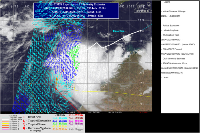 SATELLITE ANALYSIS, INITIAL POSITION AND INTENSITY DISCUSSION: ANIMATED MULTISPECTRAL SATELLITE IMAGERY (MSI) DEPICTS DISORGANIZED BLOOMS OF CONVECTION TO THE SOUTHWEST OF AN ASSESSED LOW LEVEL CIRCULATION CENTER (LLCC). A 102159Z SSMIS 91 GHZ PASS SHOWS THE AFOREMENTIONED CONVECTION TO THE SOUTHWEST OF SOME LOW LEVEL BANDING FEATURES WRAPPING INTO THE LLCC. TC EIGHTEEN IS IN A FAVORABLE ENVIRONMENT FOR FURTHER TROPICAL DEVELOPMENT. THESE CONDITIONS ARE CHARACTERIZED BY GOOD POLEWARD OUTFLOW ALOFT, A STRONG 850 MB VORTICITY SIGNATURE, LOW (5-10 KTS) VERTICAL WIND SHEAR (VWS), AND VERY WARM (29-30 C) SEA SURFACE TEMPERATURES (SST). THE INITIAL POSITION IS PLACED WITH MEDIUM CONFIDENCE BASED ON MULTI-AGENCY FIXES, AS WELL AS THE AFOREMENTIONED MSI. THE INITIAL INTENSITY OF 50 KNOTS IS ASSESSED WITH MEDIUM CONFIDENCE BASED OFF A BLEND OF AUTOMATED AND MULTI-AGENCY DVORAKS ESTIMATES.