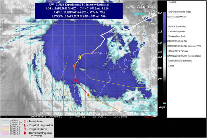 SATELLITE ANALYSIS, INITIAL POSITION AND INTENSITY DISCUSSION: ANIMATED MULTISPECTRAL SATELLITE IMAGERY (MSI) DEPICTS A LARGE CONSOLIDATING CIRCULATION WITH TIGHTLY WRAPPING BANDS OF DEEP CONVECTION IN ALL QUADRANTS. TC ILSA IS STRUGGLING TO FORM AN EYE FEATURE AS VERTICAL HOT TOWERS (VHT) CAN BE SEEN ORBITING THE CORE. DECENT MICROWAVE DATA IS HARD TO COME BY SO A 120514Z ATMS 165GHZ MICROWAVE IMAGE MUST SUFFICE. THIS IMAGE INDICATES A DEEP CONVECTIVE CORE STRUCTURE WITH A SINGLE STRONG CONVECTIVE BAND TO THE SOUTH AND WEAKER FRAGMENTED BANDING TO THE NORTH AND WEST. THE INITIAL POSITION IS PLACED WITH HIGH CONFIDENCE BASED ON MSI AND ATMS IMAGERY. THE INITIAL INTENSITY OF 90 KTS IS ASSESSED WITH MEDIUM CONFIDENCE BASED ON THE ANTICIPATED LAG OF AUTOMATED INTENSITY ESTIMATES AS AN EYE FEATURE STRUGGLES TO FORM. AGENCY DVORAK ESTIMATES REMAIN LOWER AT T4.5 WHILE CIMSS ADT AND DEEP MICRONET (DMN) INDICATE 82-83KTS.