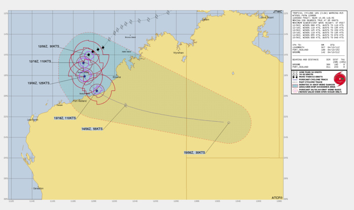 FORECAST REASONING.  SIGNIFICANT FORECAST CHANGES: THERE ARE NO SIGNIFICANT CHANGES TO THE FORECAST FROM THE PREVIOUS WARNING.  FORECAST DISCUSSION: TC 18S (ILSA) IS FORECAST TO BEGIN ROUNDING THE STR AXIS OVER THE NEXT 24 HOURS. DURING THAT TIME THE SYSTEM WILL BEGIN TO TRACK SOUTH-SOUTHWESTWARD AND EVENTUALLY SOUTHWARD ALL THE WHILE CONTINUING TO INTENSIFY. BY TAU 24, WARM SSTS (30-31C), HIGH OHC VALUES, LOW VERTICAL WIND SHEAR AND STRONG OUTFLOW ALOFT WILL MORE THAN COMPENSATE FOR THE DRY AIR FIGHTING TO ENTRAIN THE SYSTEM. AFTER TAU 24, TC ILSA WILL BE TRACKING GENERALLY SOUTHEASTWARD AND IS FORECAST TO REACH ITS PEAK INTENSITY NEAR 130KTS. BY TAU 36, AS THE SYSTEM APPROACHES THE COAST OF AUSTRALIA INTENSITIES WILL BEGIN TO FALL. AFTER TAU 36, 18S WILL PUSH INLAND AND QUICKLY WEAKEN, EVENTUALLY DISSIPATING NEAR TAU 72.