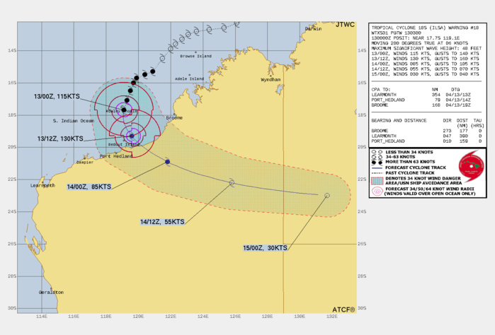 FORECAST REASONING.   SIGNIFICANT FORECAST CHANGES: THERE ARE NO SIGNIFICANT CHANGES TO THE FORECAST FROM THE PREVIOUS WARNING.   FORECAST DISCUSSION: A SHORTWAVE TROUGH APPROACHING FROM THE SOUTHWEST HAS BEGUN TO WEAKEN THE STEERING STR. THIS WILL ALLOW THE CYCLONE TO TRACK SOUTHWARD THEN SOUTHEASTWARD, MAKING LANDFALL APPROXIMATELY 90NM ENE OF PORT HEADLAND SHORTLY BEFORE TAU 18, THEN TRACK RAPIDLY INTO THE CENTRAL AUSTRALIAN OUTBACK. THE HIGHLY FAVORABLE CONDITIONS, COUPLED WITH INCREASED EASTWARD OUTFLOW ASSOCIATED WITH THE STRONG WESTERLIES AHEAD OF THE TROUGH, WILL SUSTAIN ITS RAPID INTENSIFICATION (RI) TO A PEAK OF 130KTS BY TAU 12 PRIOR TO LANDFALL. AFTERWARD, INCREASING VWS AND LAND INTERACTION WILL RAPIDLY ERODE THE SYSTEM TO DISSIPATION BY TAU 48.