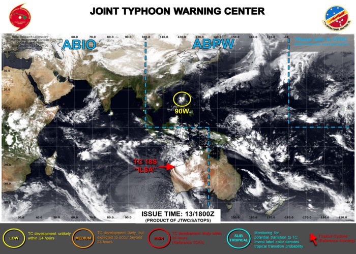 JTWC IS ISSUING 6HOURLY WARNINGS ON TC 18S. 3HOURLY SATELLITE BULLETINS ARE ISSUED ON TC 18S AND INVEST 90W.