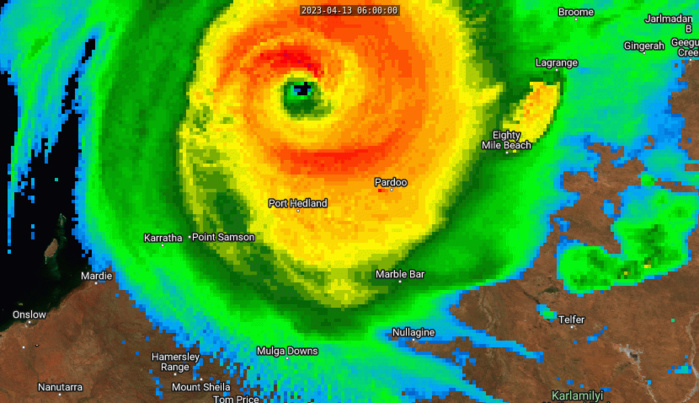 SATELLITE ANALYSIS, INITIAL POSITION AND INTENSITY DISCUSSION: TROPICAL CYCLONE (TC) 18S PEAKED IN INTENSITY AROUND 130900Z-131200Z  NEAR 130 KNOTS. SURFACE OBSERVATIONS FROM BEDOUT ISLAND INDICATED MAXIMUM SUSTAINED SURFACE WINDS (10-MINUTE AVERAGE) OF 121 KNOTS (129-130 KNOTS CONVERTED TO 1-MINUTE AVERAGE) AT 131320Z WITH MAXIMUM GUSTS OF 156 KNOTS (167 KNOTS CONVERTED TO 1-MINUTE AVERAGE). OVER THE PAST TWO HOURS, ANIMATED ENHANCED INFRARED (EIR) SATELLITE IMAGERY INDICATES A SLIGHT WEAKENING TREND WITH THE EYE BECOMING MORE RAGGED AND CLOUD FILLED. A 130909Z SSMIS 91GHZ MICROWAVE IMAGE SHOWS DECAYING SPIRAL BANDING OVER THE SOUTHERN SEMICIRCLE, HOWEVER, ANIMATED RADAR IMAGERY FROM PORT HEDLAND CONTINUES TO SHOW AN INTACT, SYMMETRIC EYEWALL. BASED ON THE LATEST  RADAR IMAGERY, THE CENTER WILL MAKE LANDFALL WITHIN THE NEXT TWO  HOURS BETWEEN DE GREY AND PARDOO STATION. THE INITIAL POSITION IS  PLACED WITH HIGH CONFIDENCE BASED ON RADAR IMAGERY. THE INITIAL  INTENSITY OF 130 KTS IS ASSESSED WITH HIGH CONFIDENCE BASED ON THE  DVORAK INTENSITY ESTIMATES AND THE SURFACE OBSERVATIONS FROM BEDOUT  ISLAND.