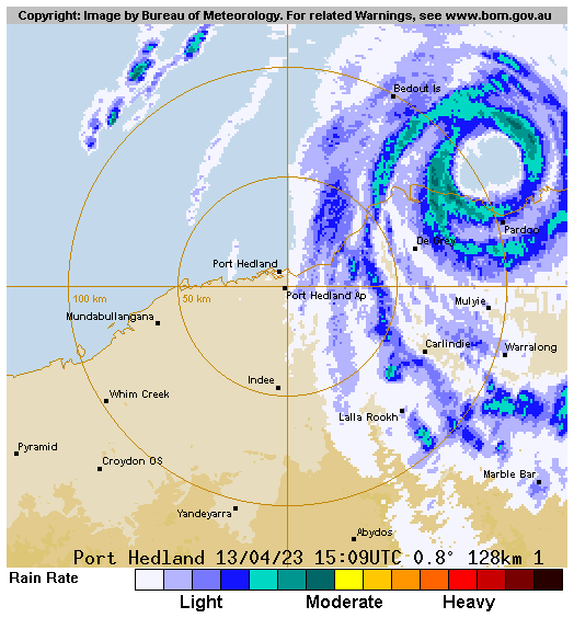 Super TC 18S(ILSA) making landfall very close to Pardoo Roadhouse Western Australia, 289km/h gust recorded at Bedout island//1315utc