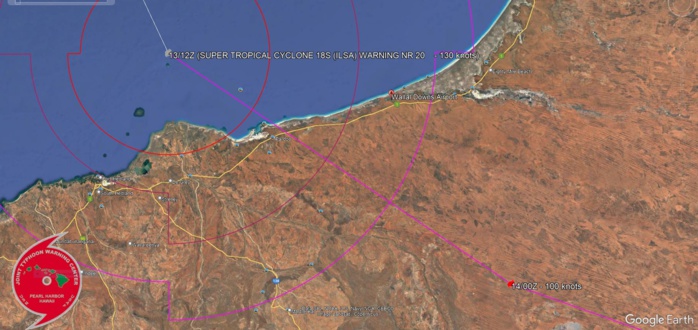 Super TC 18S(ILSA) making landfall very close to Pardoo Roadhouse Western Australia, 289km/h gust recorded at Bedout island//1315utc