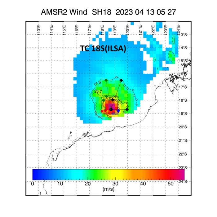 Super TC 18S(ILSA) making landfall very close to Pardoo Roadhouse Western Australia, 289km/h gust recorded at Bedout island//1315utc