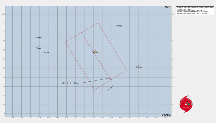 THE AREA OF CONVECTION (INVEST 92W) PREVIOUSLY LOCATED NEAR  3.2N 160.4E IS NOW LOCATED NEAR 3.9N 159.8E, APPROXIMATELY 206 NM SOUTH- SOUTHEAST OF POHNPEI. ANIMATED MULTISPECTRAL SATELLITE IMAGERY AND AN  182005Z SSMIS 91 GHZ MICROWAVE IMAGE DEPICT CURVED DEEP CONVECTIVE  BANDING WRAPPING INTO A WELL DEFINED AND CONSOLIDATED LOW LEVEL  CIRCULATION CENTER. UPPER LEVEL ANALYSIS SHOWS THAT 92W IS IN A  FAVORABLE ENVIRONMENT WITH LOW (05-10KT) VERTICAL WIND SHEAR, GOOD  DIVERGENCE ALOFT, AND WARM (29-30C) SEA SURFACE TEMPERATURES. GLOBAL  MODELS INDICATE A NORTH-NORTHWESTWARD TO NORTHWESTWARD TRACK OVER THE  NEXT TWO DAYS BUT ARE SPLIT ON DEVELOPMENT WITH ECMWF AND GFS DEVELOPING  A TROPICAL DEPRESSION IN THE NEXT ONE TO TWO DAYS AND NAVGEM INDICATING  WEAKER DEVELOPMENT. MAXIMUM SUSTAINED SURFACE WINDS ARE ESTIMATED AT 20  TO 25 KNOTS. MINIMUM SEA LEVEL PRESSURE IS ESTIMATED TO BE NEAR 1005 MB.  THE POTENTIAL FOR THE DEVELOPMENT OF A SIGNIFICANT TROPICAL CYCLONE  WITHIN THE NEXT 24 HOURS IS UPGRADED TO HIGH.