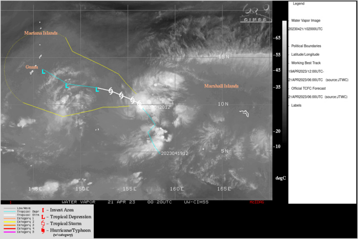 SATELLITE ANALYSIS, INITIAL POSITION AND INTENSITY DISCUSSION: ANIMATED ENHANCED INFRARED (EIR) SATELLITE IMAGERY DEPICTS A SMALL REGION OF PERSISTENT DEEP CONVECTION FULLY OBSCURING THE LLCC WHILE LOW LEVEL FEATURES ARE EXPOSED TO THE WEST AS A RESULT OF DRY AIR INTRUSION. A 230306Z SUITE OF AMSR2 MICROWAVE IMAGERY SPECIFICALLY AN 89GHZ COLOR COMPOSITE IMAGE INDICATE A KIDNEY BEAN SHAPED DEEP CONVECTIVE CORE WITH A SINGLE FRAGMENTED BANDING FEATURE TO THE NORTH OF THE LLCC. THE INITIAL POSITION IS PLACED WITH MEDIUM CONFIDENCE BASED ON EIR AND ASMR2 IMAGERY. THE INITIAL INTENSITY OF 45 KTS IS ASSESSED WITH HIGH CONFIDENCE BASED ON A CONSENSUS AMONGST REPORTING DVORAK AGENCIES OF T3.0 AND CIMSS OPEN-AIR WHICH ALSO INDICATES 43KTS WHILE CIMSS SATCON AND ADT REMAIN SLIGHTLY HIGHER.