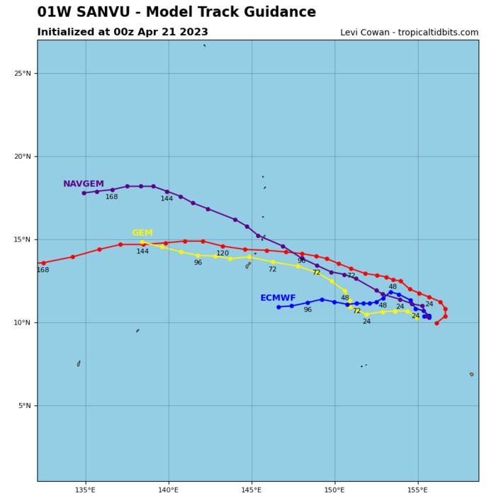 TS 01W(SANVU) currently peaking is forecast to be torn apart by 96h due to high vertical wind shear//Invest 93W//2109utc