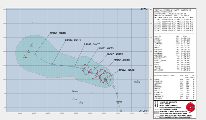 FORECAST REASONING.  SIGNIFICANT FORECAST CHANGES: THERE ARE NO SIGNIFICANT CHANGES TO THE FORECAST FROM THE PREVIOUS WARNING.  FORECAST DISCUSSION: TS 01W (SANVU) IS FORECAST TO EXIT A WEAK STEERING ENVIRONMENT OVER THE NEXT 12 HOURS AS A STR TO THE NORTH CONTINUES TO BUILD ITS INFLUENCE. DURING THIS TIME, THE ENVIRONMENT SURROUNDING 01W IS ANTICIPATED TO REMAIN A STALEMATE AS WARM SSTS AND GOOD OUTFLOW ALOFT GENERALLY COUNTERACT STEADILY INCREASING MIDLEVEL VERTICAL WIND SHEAR (VWS) AND DRY AIR ENTRAINMENT. IT IS IMPORTANT TO KEEP IN MIND THAT A FEW DEGREES NORTH OF THE SYSTEM, LIES A SHARP GRADIENT OF BOTH MOISTURE AND VWS AND AS THE SYSTEM TRACKS INTO THAT GRADIENT THE INTENSITY WILL CONSEQUENTLY FALL. NEAR TAU 48, AS THE SYSTEM APPROACHES THE 12TH PARALLEL, INTENSITIES  WILL CONTINUE TO FALL AS 01W TRACKS GENERALLY WESTWARD. AS VWS AND DRY  AIR ENTRAINMENT CONTINUE TO INCREASE, THE SYSTEM WILL BE TORN APART  AND EVENTUALLY DISSIPATE NEAR TAU 96.