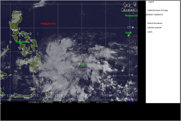 AN AREA OF CONVECTION (INVEST 93W) HAS PERSISTED NEAR 6.8N  132.3E, APPROXIMATELY 400 NM EAST OF DAVAO, PHILIPPINES.  ANIMATED  ENHANCED INFRARED SATELLITE IMAGERY AND A 010931Z SSMIS 91GHZ SATELLITE  IMAGE DEPICTS FRAGMENTED BUT ORGANIZING CONVECTIVE BANDING FEATURES TO  THE NORTH AND WEST OF THE BROAD LLCC. ENVIRONMENTAL ANALYSIS SHOWS 93W  TO HAVE GENERALLY GOOD RADIAL OUTFLOW ALOFT WITH FAVORABLE UPPER LEVEL  DIVERGENCE, LOW VWS (5-10KTS) AND WARM SSTS (30-31C). GLOBAL MODELS ARE  IN GOOD AGREEMENT THAT 93W WILL TRACK GENERALLY WEST NORTHWESTWARD AND  CONTINUE TO CONSOLIDATE OVER THE NEXT 72 HOURS. MAXIMUM SUSTAINED  SURFACE WINDS ARE ESTIMATED AT 15 TO 20 KNOTS. MINIMUM SEA LEVEL  PRESSURE IS ESTIMATED TO BE NEAR 1006 MB. THE POTENTIAL FOR THE  DEVELOPMENT OF A SIGNIFICANT TROPICAL CYCLONE WITHIN THE NEXT 24 HOURS  IS MEDIUM. AN AREA OF CONVECTION (INVEST 93W) HAS PERSISTED NEAR 6.8N  132.3E, APPROXIMATELY 400 NM EAST OF DAVAO, PHILIPPINES.  ANIMATED  ENHANCED INFRARED SATELLITE IMAGERY AND A 010931Z SSMIS 91GHZ SATELLITE  IMAGE DEPICTS FRAGMENTED BUT ORGANIZING CONVECTIVE BANDING FEATURES TO  THE NORTH AND WEST OF THE BROAD LLCC. ENVIRONMENTAL ANALYSIS SHOWS 93W  TO HAVE GENERALLY GOOD RADIAL OUTFLOW ALOFT WITH FAVORABLE UPPER LEVEL  DIVERGENCE, LOW VWS (5-10KTS) AND WARM SSTS (30-31C). GLOBAL MODELS ARE  IN GOOD AGREEMENT THAT 93W WILL TRACK GENERALLY WEST NORTHWESTWARD AND  CONTINUE TO CONSOLIDATE OVER THE NEXT 72 HOURS. MAXIMUM SUSTAINED  SURFACE WINDS ARE ESTIMATED AT 15 TO 20 KNOTS. MINIMUM SEA LEVEL  PRESSURE IS ESTIMATED TO BE NEAR 1006 MB. THE POTENTIAL FOR THE  DEVELOPMENT OF A SIGNIFICANT TROPICAL CYCLONE WITHIN THE NEXT 24 HOURS  IS MEDIUM.