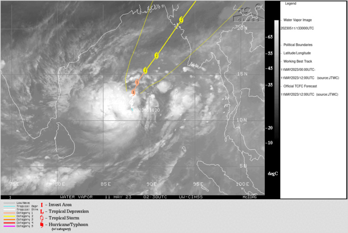 SATELLITE ANALYSIS, INITIAL POSITION AND INTENSITY DISCUSSION: ANIMATED ENHANCED INFRARED (EIR) SATELLITE IMAGERY SHOWS A SYMMETRICAL AND CONSOLIDATING SYSTEM WITH RAIN BANDS WRAPPING TIGHTER AND INTERLOCKING TOWARD THE COLD DENSE OVERCAST WITH INCREASED OVERSHOOTING CLOUD TOPS. THE INITIAL POSITION IS PLACED WITH HIGH CONFIDENCE BASED ON A DEFINED MICROWAVE EYE IN THE 111133Z SSMIS 89GHZ IMAGE. THE INITIAL INTENSITY IS ASSESSED WITH MEDIUM CONFIDENCE BASED ON OVERALL ASSESSMENT OF AGENCY AND AUTOMATED DVORAK ESTIMATES REFLECTS THE 6-HR STRUCTURAL IMPROVEMENT. ANALYSIS INDICATES A FAVORABLE ENVIRONMENT WITH A MODERATE VWS OFFSET BY MODERATE RADIAL OUTFLOW AND WARM SST IN THE BAY OF BENGAL. SATELLITE ANALYSIS, INITIAL POSITION AND INTENSITY DISCUSSION: ANIMATED ENHANCED INFRARED (EIR) SATELLITE IMAGERY SHOWS A SYMMETRICAL AND CONSOLIDATING SYSTEM WITH RAIN BANDS WRAPPING TIGHTER AND INTERLOCKING TOWARD THE COLD DENSE OVERCAST WITH INCREASED OVERSHOOTING CLOUD TOPS. THE INITIAL POSITION IS PLACED WITH HIGH CONFIDENCE BASED ON A DEFINED MICROWAVE EYE IN THE 111133Z SSMIS 89GHZ IMAGE. THE INITIAL INTENSITY IS ASSESSED WITH MEDIUM CONFIDENCE BASED ON OVERALL ASSESSMENT OF AGENCY AND AUTOMATED DVORAK ESTIMATES REFLECTS THE 6-HR STRUCTURAL IMPROVEMENT. ANALYSIS INDICATES A FAVORABLE ENVIRONMENT WITH A MODERATE VWS OFFSET BY MODERATE RADIAL OUTFLOW AND WARM SST IN THE BAY OF BENGAL.