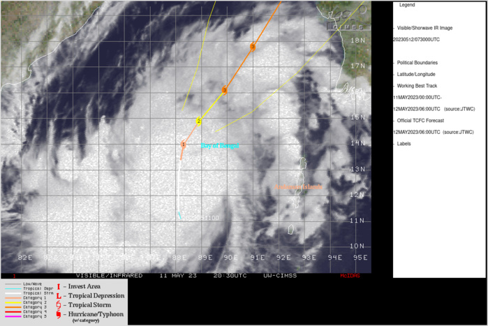 SATELLITE ANALYSIS, INITIAL POSITION AND INTENSITY DISCUSSION: ANIMATED MULTISPECTRAL SATELLITE IMAGERY (MSI) SHOWS A SYMMETRICAL AND RAPIDLY CONSOLIDATING SYSTEM WITH FEEDER BANDS WRAPPING IN TIGHTER INTO THE COLD DENSE OVERCAST WITH A DEFINED, ALBEIT ELONGATED, 20-NM EYE. THE INITIAL POSITION IS PLACED WITH HIGH CONFIDENCE BASED ON THE EYE. THE INITIAL INTENSITY IS ASSESSED WITH MEDIUM CONFIDENCE BASED ON OVERALL ASSESSMENT OF AGENCY AND AUTOMATED DVORAK ESTIMATES AND REFLECTS THE SIGNIFICANT 6-HR IMPROVEMENT. ANALYSIS INDICATES A HIGHLY FAVORABLE ENVIRONMENT WITH A MODERATE VWS OFFSET BY STRONG DUAL OUTFLOW AND WARM SST IN THE BAY OF BENGAL. SATELLITE ANALYSIS, INITIAL POSITION AND INTENSITY DISCUSSION: ANIMATED MULTISPECTRAL SATELLITE IMAGERY (MSI) SHOWS A SYMMETRICAL AND RAPIDLY CONSOLIDATING SYSTEM WITH FEEDER BANDS WRAPPING IN TIGHTER INTO THE COLD DENSE OVERCAST WITH A DEFINED, ALBEIT ELONGATED, 20-NM EYE. THE INITIAL POSITION IS PLACED WITH HIGH CONFIDENCE BASED ON THE EYE. THE INITIAL INTENSITY IS ASSESSED WITH MEDIUM CONFIDENCE BASED ON OVERALL ASSESSMENT OF AGENCY AND AUTOMATED DVORAK ESTIMATES AND REFLECTS THE SIGNIFICANT 6-HR IMPROVEMENT. ANALYSIS INDICATES A HIGHLY FAVORABLE ENVIRONMENT WITH A MODERATE VWS OFFSET BY STRONG DUAL OUTFLOW AND WARM SST IN THE BAY OF BENGAL.