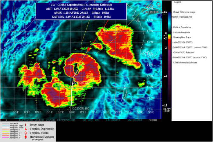 SATELLITE ANALYSIS, INITIAL POSITION AND INTENSITY DISCUSSION: ANIMATED ENHANCED INFRARED SATELLITE IMAGERY (EIR) DEPICTS A BROAD, WELL ORGANIZED SYSTEM WITH A RAGGED EYE SURROUNDED BY BANDS OF DEEP CONVECTION IN ALL QUADRANTS WRAPPING INTO THE LOW LEVEL CIRCULATION CENTER (LLCC). ANALYSIS OF MULTI-AGENCY 121800Z POSITIONS COMPARED TO PREVIOUS POSITIONS SUGGESTS THE SYSTEM HAS WOBBLED NORTHWARD. THIS BEHAVIOR IS USUALLY INDICATIVE OF A RAPIDLY STRENGTHENING SYSTEM. IN ADDITION, ANALYSIS OF THE M-PERC EYEWALL REPLACEMENT TOOL SUGGESTS AN EYEWALL REPLACEMENT CYCLE (ERC) IS UNDERWAY. ONE MAJOR CONTRIBUTING FACTOR TO THE RAPID INTENSIFICATION IS AN INTENSE POOL OF OCEAN HEAT CONTENT (OHC) THAT HAS DOMINATED THE CENTRAL BAY OF BENGAL OVER THE PAST SEVERAL DAYS. TC MOCHA IS IN A MARGINALLY FAVORABLE ENVIRONMENT FOR FURTHER TROPICAL DEVELOPMENT. THESE CONDITIONS ARE CHARACTERIZED BY STRONG POLEWARD AND EQUATORWARD OUTFLOW ALOFT, A STRONG 850 MB VORTICITY SIGNATURE, MODERATE (15-20 KTS) VERTICAL WIND SHEAR (VWS), AND VERY WARM (30-31 C) SEA SURFACE TEMPERATURES (SST). THE INITIAL POSITION IS PLACED WITH HIGH CONFIDENCE BASED ON MULTI-AGENCY FIXES, AS WELL AS THE AFOREMENTIONED EIR IMAGERY. THE INITIAL INTENSITY OF 110 KNOTS IS ASSESSED WITH MEDIUM CONFIDENCE BASED OFF A BLEND OF MULTI-AGENCY DVORAKS ESTIMATES AND THE ABOVEMENTIONED RAPID INTENSIFICATION EXAMINATION.