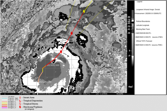 SATELLITE ANALYSIS, INITIAL POSITION AND INTENSITY DISCUSSION: TROPICAL CYCLONE (TC) 01B (MOCHA) HAS RAPIDLY INTENSIFIED OVER THE PAST SIX HOURS, HAVING CONSOLIDATED A TIGHT INNER-CORE OF CONVECTION AND ESTABLISHED A WELL-DEFINED EYEWALL. ANIMATED ENHANCED INFRARED (EIR) SATELLITE IMAGERY DEPICTS A 19-NM WIDE EYE FEATURE, WITH CENTER TEMPERATURES APPROACHING -10C AND DEEP CONVECTIVE BANDS COMPLETELY SURROUNDING THE INNER CORE. THE 131226Z GMI AND 131156Z SSMIS 89GHZ MICROWAVE IMAGES DEPICTED A SOLID INNER EYEWALL, AS WELL AS A STATIONARY BANDING COMPLEX (SBC) TO THE SOUTH, WHICH IN THE GMI PASS HAS NOW BECOME SEPARATED FROM THE PRIMARY EYEWALL, WHICH MAY HAVE SOME IMPACTS DOWN THE ROAD. ANIMATED WATER VAPOR IMAGERY AND THE CIRA ADVECTED LAYER PRECIPITABLE WATER PRODUCT CONFIRM THE SIGNIFICANT MOISTENING OF THE ENVIRONMENT ON THE NORTH SIDE OF THE SYSTEM, AND THE DRASTIC IMPROVEMENT IN POLEWARD OUTFLOW, AS THE SYSTEM IS NOW SOLIDLY CONNECTED TO OUTFLOW CHANNEL INTO THE RIGHT ENTRANCE REGION OF THE JET MAX OVER SOUTHERN CHINA. THE INITIAL POSITION IS ASSESSED WITH HIGH CONFIDENCE BASED ON THE RECENT MICROWAVE IMAGES NOTED ABOVE. THE INITIAL INTENSITY IS ASSESSED WITH HIGH CONFIDENCE BASED ON A BLEND OF THE AGENCY CURRENT INTENSITY ESTIMATES, ALONG WITH THE DEEP MICRONET (DMN) AND OPEN-AIIR ESTIMATES OF 127 KNOTS AND 132 KNOTS RESPECTIVELY. THE SYSTEM CONTINUES TO TRACK NORTHEASTWARD ALONG THE NORTHWEST SIDE OF THE SUBTROPICAL RIDGE (STR) AND IS PICKING UP SPEED. CONDITIONS REMAIN FAVORABLE FOR INTENSIFICATION, WITH LOW (5-10 KTS) VWS, WARM (30-31C) SSTS AND ROBUST OUTFLOW. SATELLITE ANALYSIS, INITIAL POSITION AND INTENSITY DISCUSSION: TROPICAL CYCLONE (TC) 01B (MOCHA) HAS RAPIDLY INTENSIFIED OVER THE PAST SIX HOURS, HAVING CONSOLIDATED A TIGHT INNER-CORE OF CONVECTION AND ESTABLISHED A WELL-DEFINED EYEWALL. ANIMATED ENHANCED INFRARED (EIR) SATELLITE IMAGERY DEPICTS A 19-NM WIDE EYE FEATURE, WITH CENTER TEMPERATURES APPROACHING -10C AND DEEP CONVECTIVE BANDS COMPLETELY SURROUNDING THE INNER CORE. THE 131226Z GMI AND 131156Z SSMIS 89GHZ MICROWAVE IMAGES DEPICTED A SOLID INNER EYEWALL, AS WELL AS A STATIONARY BANDING COMPLEX (SBC) TO THE SOUTH, WHICH IN THE GMI PASS HAS NOW BECOME SEPARATED FROM THE PRIMARY EYEWALL, WHICH MAY HAVE SOME IMPACTS DOWN THE ROAD. ANIMATED WATER VAPOR IMAGERY AND THE CIRA ADVECTED LAYER PRECIPITABLE WATER PRODUCT CONFIRM THE SIGNIFICANT MOISTENING OF THE ENVIRONMENT ON THE NORTH SIDE OF THE SYSTEM, AND THE DRASTIC IMPROVEMENT IN POLEWARD OUTFLOW, AS THE SYSTEM IS NOW SOLIDLY CONNECTED TO OUTFLOW CHANNEL INTO THE RIGHT ENTRANCE REGION OF THE JET MAX OVER SOUTHERN CHINA. THE INITIAL POSITION IS ASSESSED WITH HIGH CONFIDENCE BASED ON THE RECENT MICROWAVE IMAGES NOTED ABOVE. THE INITIAL INTENSITY IS ASSESSED WITH HIGH CONFIDENCE BASED ON A BLEND OF THE AGENCY CURRENT INTENSITY ESTIMATES, ALONG WITH THE DEEP MICRONET (DMN) AND OPEN-AIIR ESTIMATES OF 127 KNOTS AND 132 KNOTS RESPECTIVELY. THE SYSTEM CONTINUES TO TRACK NORTHEASTWARD ALONG THE NORTHWEST SIDE OF THE SUBTROPICAL RIDGE (STR) AND IS PICKING UP SPEED. CONDITIONS REMAIN FAVORABLE FOR INTENSIFICATION, WITH LOW (5-10 KTS) VWS, WARM (30-31C) SSTS AND ROBUST OUTFLOW.
