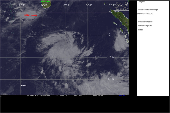 THE AREA OF CONVECTION (INVEST 92S) PREVIOUSLY LOCATED NEAR 2.3S 86.6E IS NOW LOCATED NEAR 2.8S 85.6E, APPROXIMATELY 832 NM EAST- NORTHEAST OF DIEGO GARCIA. ENHANCED MULTISPECTRAL SATELLITE IMAGERY AND A 130049Z 91GHZ SSMIS MICROWAVE PASS REVEALS PERSISTENT DEEP CONVECTION TO THE SOUTHWEST OF A FULLY OBSCURED LOW LEVEL CIRCULATION CENTER (LLCC). A 130317Z ASCAT-B PASS HIGHLIGHTS AN OUTER BAND OF 35-40KT WINDS TO THE SOUTHWEST OF THE LLCC UNDER THE FLARING CONVECTION AND A BROAD AND ELONGATED LLCC DISPLACED TO THE NORTHEAST. ENVIRONMENTAL ANALYSIS INDICATES A MARGINALLY FAVORABLE ENVIRONMENT FOR INTENSIFICATION DUE TO LOW-TO- MODERATE (15-20KT) EASTERLY VERTICAL WIND SHEAR, WARM (29-30C) SEA SURFACE TEMPERATURES, AND GOOD EQUATORWARD OUTFLOW. DETERMINISTIC AND ENSEMBLE MODELS AGREE THAT 92S WILL CONTINUE ALONG A WESTWARD TRACK WHILE SLOWLY CONSOLIDATING AND INTENSIFYING OVER THE NEXT 24 HOURS. MAXIMUM SUSTAINED SURFACE WINDS ARE ESTIMATED AT 23 TO 27 KNOTS. MINIMUM SEA LEVEL PRESSURE IS ESTIMATED TO BE NEAR 1005 MB. THE POTENTIAL FOR THE DEVELOPMENT OF A SIGNIFICANT TROPICAL CYCLONE WITHIN THE NEXT 24 HOURS IS UPGRADED TO MEDIUM. THE AREA OF CONVECTION (INVEST 92S) PREVIOUSLY LOCATED NEAR 2.3S 86.6E IS NOW LOCATED NEAR 2.8S 85.6E, APPROXIMATELY 832 NM EAST- NORTHEAST OF DIEGO GARCIA. ENHANCED MULTISPECTRAL SATELLITE IMAGERY AND A 130049Z 91GHZ SSMIS MICROWAVE PASS REVEALS PERSISTENT DEEP CONVECTION TO THE SOUTHWEST OF A FULLY OBSCURED LOW LEVEL CIRCULATION CENTER (LLCC). A 130317Z ASCAT-B PASS HIGHLIGHTS AN OUTER BAND OF 35-40KT WINDS TO THE SOUTHWEST OF THE LLCC UNDER THE FLARING CONVECTION AND A BROAD AND ELONGATED LLCC DISPLACED TO THE NORTHEAST. ENVIRONMENTAL ANALYSIS INDICATES A MARGINALLY FAVORABLE ENVIRONMENT FOR INTENSIFICATION DUE TO LOW-TO- MODERATE (15-20KT) EASTERLY VERTICAL WIND SHEAR, WARM (29-30C) SEA SURFACE TEMPERATURES, AND GOOD EQUATORWARD OUTFLOW. DETERMINISTIC AND ENSEMBLE MODELS AGREE THAT 92S WILL CONTINUE ALONG A WESTWARD TRACK WHILE SLOWLY CONSOLIDATING AND INTENSIFYING OVER THE NEXT 24 HOURS. MAXIMUM SUSTAINED SURFACE WINDS ARE ESTIMATED AT 23 TO 27 KNOTS. MINIMUM SEA LEVEL PRESSURE IS ESTIMATED TO BE NEAR 1005 MB. THE POTENTIAL FOR THE DEVELOPMENT OF A SIGNIFICANT TROPICAL CYCLONE WITHIN THE NEXT 24 HOURS IS UPGRADED TO MEDIUM.