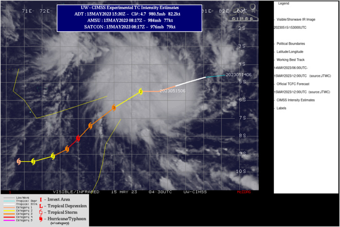 SATELLITE ANALYSIS, INITIAL POSITION AND INTENSITY DISCUSSION: ANIMATED ENHANCED INFRARED (EIR) SATELLITE IMAGERY DEPICTS A COMPACT CENTRAL DENSE OVERCAST (CDO) WITH DEEP FLARING CONVECTION DEVELOPING ON THE WEST SIDE OF THE ASSESSED LOW LEVEL CIRCULATION CENTER (LLCC) AND WRAPPING UPSHEAR TOWARDS THE EAST. ISOLATED CONVECTIVE HOT TOWERS ARE SHOWING CLOUD TOP TEMPERATURE APPROACHING -90C. MULTIPLE GRAVITY WAVE PULSES MARKING THE EASTWARD LIMIT OF THE OUTFLOW ENVELOPE ARE EVIDENT IN ANIMATED WATER VAPOR IMAGERY, WHICH HAS ALLOWED FOR AN EXPANSION OF THE CDO AND REDUCTION IN THE DEEP-LAYER SHEAR VALUES. A 151211Z GMI 89GHZ IMAGE SHOWS A SOLID EYEWALL OF DEEP CONVECTION THAT NEARLY SURROUNDS THE EYE, THOUGH THE EASTERN SIDE OF THE EYEWALL REMAINS OPEN DUE TO THE PERSISTENT MODERATE EASTERLY SHEAR, PARTICULARLY IN THE MID-LEVELS. COMPARISON WITH THE 37GHZ IMAGE SUGGESTS A SMALL AMOUNT OF WESTWARD TILT WITH HEIGHT, SUPPORTING THE ASSESSMENT THAT MODERATE EASTERLY MID-LEVEL SHEAR IS STILL PRESENT. OVERALL, THE ENVIRONMENT CONTINUES TO IMPROVE WITH DEEP-LAYER AVERAGED SHEAR NOW BELOW 10 KNOTS, WARM SSTS AND IMPROVING RADIAL OUTFLOW PROVIDED BY A STRENGTHENING ANTICYCLONE OVER TOP OF THE SYSTEM. THE DEEP-LAYER SUBTROPICAL RIDGE (STR) CENTERED TO THE SOUTHEAST CONTINUES TO BUILD IN TO THE WEST ALONG THE 15S LATITUDE, RESULTING IN A TRACK WHICH HAS TURNED TO 260 DEG, OR NEARLY DUE WEST OVER THE PAST SIX HOURS.