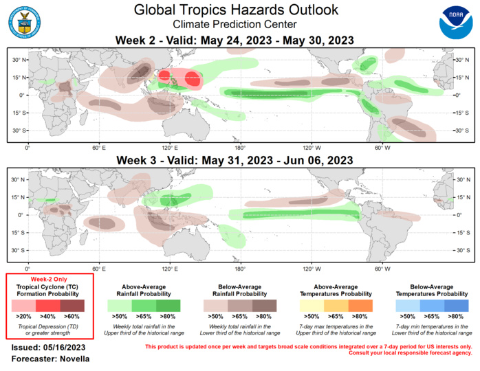 The Madden Julian Oscillation (MJO) remains active where the enhanced phase propagated eastward from the Maritime Continent into the western Pacific during the last week. Following a period of destructively interfering Kelvin and Rossby wave activity resulting in a weakened MJO signal, models favor the MJO to regain amplitude over the western Pacific during week-1. However, RMM forecasts begin to differ on the strength and evolution of the MJO thereafter. The GEFS favors a slower mean solution and struggles to propagate the MJO out of the western Pacific, whereas the CFS and ECMWF are more progressive, shifting the MJO into the Western Hemisphere during the outlook period, albeit at a lower amplitude. To reconcile these differences, the outlook relies more on the upper-level velocity potential forecasts which generally place the enhanced phase of the MJO over the Western Hemisphere towards the end of May, though there is less confidence in the forecast that the MJO will be as robust as it had been during its previous two cycles over this part of the tropics earlier this spring. Regardless of its eventual strength, the large-scale environment is expected to be favorable (unfavorable) for tropical cyclogenesis in the western Pacific (Indian Ocean) in the outlook.  Tied to the MJO, zonal wind observations centered on the equator showed a strong uptick in anomalous lower-level westerlies near 90E earlier in May. This resulted in a cyclonic environment supportive for the formation of tropical cyclones (TCs) Mocha (5/11) and Fabien (5/14) to the north and south of the equator in the Indian Ocean during the past week. Despite being a relatively short-lived system, TC Mocha rapidly strengthened to a category 5 strength over the Bay of Bengal. Mocha slightly weakened and made landfall over Myanmar this past weekend, bringing many adverse impacts to portions of Myanmar. As Mocha dissipated over high terrain, TC Fabien formed over the south-central Indian Ocean and has steadily gained intensity in the past few days. The Joint Typhoon Warning Center (JTWC) expects Fabien to peak at category 3 intensity, and then gradually weaken while tracking westward over open waters this week.  The anomalous low-level westerlies look to become firmly entrenched throughout the western Pacific, conducive for TC development in the basin. There is good agreement in the ensembles favoring an area of deepening low pressure over the Philippine Sea, with elevated chances in the probabilistic guidance near the Mariana Islands. Given the good support, high (60%) chances for TC development were considered, however there is some uncertainty in the timing of development, with some deterministic solutions signaling genesis here late in week-1. Therefore, 40% chances are posted near the Mariana Islands, as well as another 40% chance area posted for the South China Sea where there are indications in the ensembles depicting a secondary area of increased TC potential later in week-2.  In the western Hemisphere, extended range lower-level wind guidance remains fairly bullish on the persistence of enhanced easterlies and high wind shear to the south of Mexico unfavorable for TC development across the eastern Pacific. In the Atlantic, there is decent continuity in the deterministic solutions favoring an area of deepening low pressure off the coast of the southeastern U.S. that could acquire tropical characteristics during week-2. However, ensembles and probabilistic guidance from the GEFS and ECMWF are less supportive of formation, and no corresponding TC areas are issued.  The precipitation outlook for weeks 2 and 3 is based on a historical skill weighted blend of GEFS, CFS, ECMWF, and Canadian ensemble guidance, anticipated TC tracks and state of the MJO. Forecasts made over Africa are made in coordination with the International Desk at CPC. Below-normal precipitation is predominately favored throughout much of the Indian Ocean into early June associated with the suppressed phase of the MJO, where a reduction or delayed absence of monsoonal precipitation may lead to well above-normal temperatures over parts of India and southeastern Asia. Above-normal precipitation is expected to continue for the equatorial eastern Pacific and the coasts of Ecuador and Peru for both weeks, which is likely to worsen antec