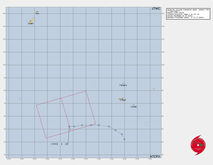 THE AREA OF CONVECTION (INVEST 97W) PREVIOUSLY LOCATED NEAR  5.2N 147.7E IS NOW LOCATED NEAR 4.6N 149.1E, APPROXIMATELY 588 NM SOUTH- SOUTHEAST OF GUAM, USA. ANIMATED ENHANCED MULTISPECTRAL SATELLITE IMAGERY  AND A 182327Z AMSU-B 89GHZ MICROWAVE PASS DEPICT GRADUALLY CONSOLIDATING  CONVECTIVE CLOUD LINES GRADUALLY WRAPPING INTO A MOSTLY OBSCURED LOW  LEVEL CIRCULATION CENTER (LLCC). ENVIRONMENTAL ANALYSIS INDICATES A  FAVORABLE ENVIRONMENT WITH LOW TO MODERATE (10-15KT) VWS, WARM SEA  SURFACE TEMPERATURE (30-31C), AND MODERATE POLEWARD OUTFLOW ALOFT. GLOBAL  MODELS ARE IN GOOD AGREEMENT THAT 97W WILL TRACK NORTH-NORTHWESTWARD AS  IT CONSOLIDATES OVER THE NEXT 12-24 HOURS. THERE IS SIGNIFICANT  UNCERTAINTY ASSOCIATED WITH WHERE THE PRIMARY LLCC WILL EVENTUALLY  DEVELOP. HOWEVER, ONCE THE LLCC IS ESTABLISHED, IT IS LIKELY THAT THE  SYSTEM WILL BECOME A RAPIDLY INTENSIFYING TROPICAL CYCLONE. ANY  SUBSEQUENT WARNING AND ASSOCIATED TRACK FORECAST WILL BE HIGHLY  CONTINGENT UPON THE LOCATION OF THE LLCC ONCE IT BECOMES ESTABLISHED.  MAXIMUM SUSTAINED SURFACE WINDS ARE ESTIMATED AT 18 TO 23 KNOTS. MINIMUM  SEA LEVEL PRESSURE IS ESTIMATED TO BE NEAR 1004 MB. THE POTENTIAL FOR THE  DEVELOPMENT OF A SIGNIFICANT TROPICAL CYCLONE WITHIN THE NEXT 24 HOURS  REMAINS HIGH.