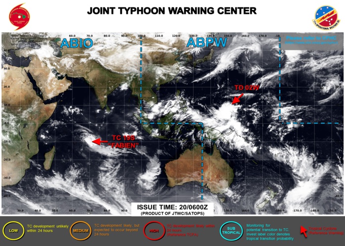 JTWC IS ISSUING 6HOURLY WARNINGS AND 3HOURLY SATELLITE BULLETINS ON TD 02W. 12HOURLY WARNINGS AND 3HOURLY SATELLITE BULLETINS ARE ISSUED ON TC 19S(FABIEN). JTWC IS ISSUING 6HOURLY WARNINGS AND 3HOURLY SATELLITE BULLETINS ON TD 02W. 12HOURLY WARNINGS AND 3HOURLY SATELLITE BULLETINS ARE ISSUED ON TC 19S(FABIEN).