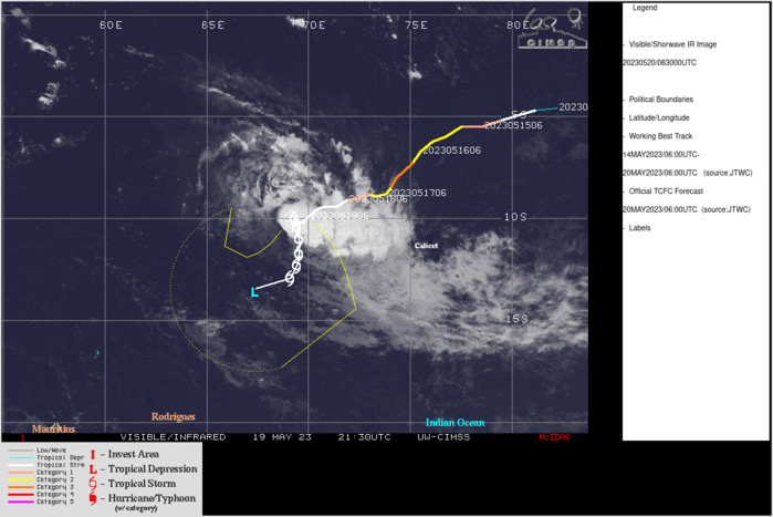 SATELLITE ANALYSIS, INITIAL POSITION AND INTENSITY DISCUSSION: ANIMATED MULTISPECTRAL SATELLITE IMAGERY (MSI) DEPICTS AN ELONGATED CIRCULATION WITH AN ASYMMETRIC CONVECTIVE COVER FULLY OBSCURING THE LOW LEVEL CIRCULATION CENTER (LLCC) BENEATH. A RECENT 200418Z ASCAT-B SCATTEROMERTY PASS REVEALS A SIMILARLY ASYMMETRIC WIND FIELD WITH 45-50 KNOT WINDS EXCLUSIVELY IN THE SOUTHWESTERN QUADRANT WHILE 25-30KT WINDS DOMINATE THE NORTHERN SEMICIRCLE. THE INITIAL POSITION IS PLACED WITH HIGH CONFIDENCE BASED ON SCATTEROMERTY DATA AND MSI IMAGERY. THE INITIAL INTENSITY OF 50KTS IS ASSESSED WITH HIGH CONFIDENCE BASED PRIMARILY ON SCATTEROMETERY DATA THOUGH THE PREPONDERANCE OF INTENSITY ESTIMATES BOTH DVORAK AND CIMMS ALSO INDICATE 19S HAS MAINTAINED 50KTS. SATELLITE ANALYSIS, INITIAL POSITION AND INTENSITY DISCUSSION: ANIMATED MULTISPECTRAL SATELLITE IMAGERY (MSI) DEPICTS AN ELONGATED CIRCULATION WITH AN ASYMMETRIC CONVECTIVE COVER FULLY OBSCURING THE LOW LEVEL CIRCULATION CENTER (LLCC) BENEATH. A RECENT 200418Z ASCAT-B SCATTEROMERTY PASS REVEALS A SIMILARLY ASYMMETRIC WIND FIELD WITH 45-50 KNOT WINDS EXCLUSIVELY IN THE SOUTHWESTERN QUADRANT WHILE 25-30KT WINDS DOMINATE THE NORTHERN SEMICIRCLE. THE INITIAL POSITION IS PLACED WITH HIGH CONFIDENCE BASED ON SCATTEROMERTY DATA AND MSI IMAGERY. THE INITIAL INTENSITY OF 50KTS IS ASSESSED WITH HIGH CONFIDENCE BASED PRIMARILY ON SCATTEROMETERY DATA THOUGH THE PREPONDERANCE OF INTENSITY ESTIMATES BOTH DVORAK AND CIMMS ALSO INDICATE 19S HAS MAINTAINED 50KTS.