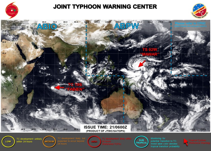 JTWC IS ISSUING 6HOURLY WARNINGS AND 3HOURLY SATELLITE BULLETINS ON TS 02W(MAWAR). 12HOURLY WARNINGS AND 3HOURLY SATELLITE BULLETINS ARE ISSUED ON TC 19S(FABIEN).