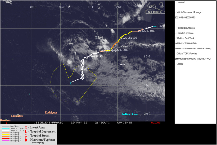 SATELLITE ANALYSIS, INITIAL POSITION AND INTENSITY DISCUSSION: ANIMATED MULTISPECTRAL SATELLITE IMAGERY (MSI) DEPICTS FLARING DEEP CONVECTION PARTIALLY OBSCURING THE LLCC AND SURROUNDING TIGHTLY WRAPPED LOW LEVEL CLOUD LINES. A 210446Z AMSU-B 89GHZ MICROWAVE IMAGE INDICATES AN ELONGATED CIRCULATION WITH DETERIORATING CONVECTION AND RAMPANT DRY AIR ENTRAINMENT. THE INITIAL POSITION IS PLACED WITH HIGH CONFIDENCE BASED ON MSI AND AMSU-B IMAGERY. THE INITIAL INTENSITY OF 35KTS IS ASSESSED WITH MEDIUM CONFIDENCE BASED ON A RANGE OF DVORAK AND AUTOMATED INTENSITY ESTIMATES INDICATING 25-45KTS.