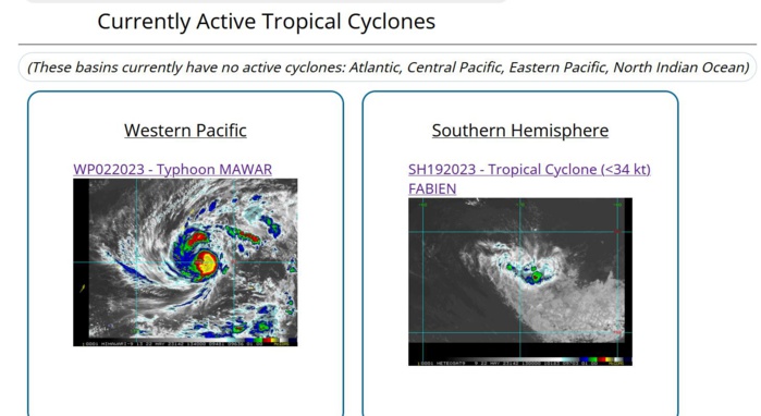 Typhoon 02W(MAWAR) intensifying to CAT 3 US within 24hours then bearing down on GUAM//Remnants of TC 19S(FABIEN)//2215utc