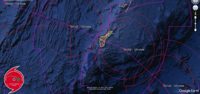 MODEL DISCUSSION: THE DETERMINISTIC AND ENSEMBLE MODELS ARE ALL IN TIGHT AGREEMENT THAT TC MAWAR WILL CONTINUE TO TRACK NORTHWESTWARD THROUGH TAU 24, THEN MAKE THE TURN WEST-NORTHWESTWARD BY TAU 36. IN THE SHORT TERM, THE JTWC FORECAST TRACK CONSENSUS MEMBERS ARE SHOWING A 15 NM SPREAD AT TAU 12 THAT GRADUALLY INCREASES TO 32 NM BY TAU 24, AND 50 NM BY TAU 36. AFTERWARDS, THE SPREAD INCREASE TO 109 NM BY TAU 96. DUE TO THE TIGHT AGREEMENT IN THE NEAR TERM, THE JTWC TRACK IS PLACED WITH HIGH CONFIDENCE CLOSE TO CONSENSUS THROUGH TAU 72, AND MEDIUM CONFIDENCE AFTERWARDS DUE TO THE SPREAD OF THE MODELS. THE JTWC INTENSITY CONSENSUS DISPLAYS A 20 KNOT SPREAD THROUGH TAU 36, MORE THAN LIKELY DUE TO THE RAPID INTENSIFICATION OF THE SYSTEM. AFTERWARDS, THE SPREAD INCREASES INTO THE LATER TAUS. HOWEVER, THEY DO AGREE WITH AN INCREASING SCENARIO THROUGHOUT THE FORECAST PERIOD. THE JTWC INTENSITY FORECAST IS SET SLIGHTLY HIGHER THAN CONSENSUS WITH MEDIUM CONFIDENCE DUE TO THE RAPID INTENSIFICATION. MODEL DISCUSSION: THE DETERMINISTIC AND ENSEMBLE MODELS ARE ALL IN TIGHT AGREEMENT THAT TC MAWAR WILL CONTINUE TO TRACK NORTHWESTWARD THROUGH TAU 24, THEN MAKE THE TURN WEST-NORTHWESTWARD BY TAU 36. IN THE SHORT TERM, THE JTWC FORECAST TRACK CONSENSUS MEMBERS ARE SHOWING A 15 NM SPREAD AT TAU 12 THAT GRADUALLY INCREASES TO 32 NM BY TAU 24, AND 50 NM BY TAU 36. AFTERWARDS, THE SPREAD INCREASE TO 109 NM BY TAU 96. DUE TO THE TIGHT AGREEMENT IN THE NEAR TERM, THE JTWC TRACK IS PLACED WITH HIGH CONFIDENCE CLOSE TO CONSENSUS THROUGH TAU 72, AND MEDIUM CONFIDENCE AFTERWARDS DUE TO THE SPREAD OF THE MODELS. THE JTWC INTENSITY CONSENSUS DISPLAYS A 20 KNOT SPREAD THROUGH TAU 36, MORE THAN LIKELY DUE TO THE RAPID INTENSIFICATION OF THE SYSTEM. AFTERWARDS, THE SPREAD INCREASES INTO THE LATER TAUS. HOWEVER, THEY DO AGREE WITH AN INCREASING SCENARIO THROUGHOUT THE FORECAST PERIOD. THE JTWC INTENSITY FORECAST IS SET SLIGHTLY HIGHER THAN CONSENSUS WITH MEDIUM CONFIDENCE DUE TO THE RAPID INTENSIFICATION.
