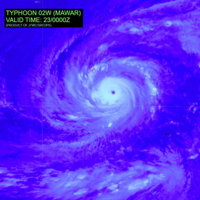 SATELLITE ANALYSIS, INITIAL POSITION AND INTENSITY DISCUSSION: TC MAWAR HAS UNDERGONE RAPID INTENSIFICATION (RI) OVER THE PAST 12 HOURS AND IS SHOWING SIGNS OF FURTHER RI ALONG WITH AN EYE WALL REPLACEMENT CYCLE (ERC). ANIMATED MULTISPECTRAL SATELLITE IMAGERY (MSI) DEPICTS A FAIRLY SYMMETRICAL SYSTEM THAT HAS A RELATIVELY SMALL 14 NM DIAMETER EYE WITH BANDS OF DEEP CONVECTION WRAPPING INTO THE LOW LEVEL CIRCULATION CENTER (LLCC). ANALYSIS OF THE PREVIOUS 12 HOURS SHOW THAT THE SYSTEM HAD A SLIGHT WOBBLE IN TRACK. THIS BEHAVIOR IS EXPECTED OF A RAPIDLY INTENSIFYING SYSTEM AS STATED IN THE PREVIOUS FORECAST. IN ADDITION, A 222046Z SSMIS 91 GHZ IMAGE SHOWS DEFINED SPIRAL BANDING IN THE WESTERN AND EASTERN SEMI-CIRCLES OF THE LLCC. RADAR IMAGERY FROM ANDERSEN AIR FORCE BASE (PGUA) SHOWS THE OUTER BANDS OF THE NORTHWEST QUADRANT OVER GUAM, ROTA, AND THE NORTHERN MARIANA ISLANDS, AS WELL AS THE EYE OF THE SYSTEM APPROACHING GUAM FROM THE SOUTHEAST. MOREOVER, RECENT SURFACE WEATHER OBSERVATIONS FROM ANDERSEN AFB INDICATE CONSISTENT NORTHEASTERLY WIND FLOW WITH GUSTS IN THE 20-25 KT RANGE OVER THE PAST SEVERAL HOURS. ANALYSIS OF THE 222047Z CIMSS M-PERC EYEWALL REPLACEMENT TOOL INDICATES AN ERC IS TAKING PLACE. TC MAWAR IS IN A FAVORABLE ENVIRONMENT FOR FURTHER TROPICAL DEVELOPMENT. THESE CONDITIONS ARE CHARACTERIZED BY STRONG WESTWARD AND POLEWARD OUTFLOW ALOFT, A PRONOUNCED 850 MB VORTICITY SIGNATURE, LOW (5-10 KTS) VERTICAL WIND SHEAR (VWS), AND VERY WARM (29-30 C) SEA SURFACE TEMPERATURES (SST). THE INITIAL POSITION IS PLACED WITH HIGH CONFIDENCE BASED ON MULTI-AGENCY FIXES, AS WELL AS THE ABOVEMENTIONED RADAR AND MICROWAVE IMAGERY. THE INITIAL INTENSITY OF 115 KNOTS IS ASSESSED WITH MEDIUM CONFIDENCE BASED OFF A BLEND OF MULTI-AGENCY AND AUTOMATED DVORAK ESTIMATES.