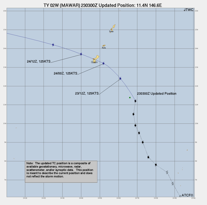 Super Typhoon 02W(MAWAR) bearing down on GUAM, direct hit forecast//2306utc